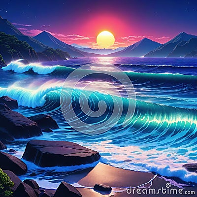 night scene of the waves off kanawagin neon styled anime Cartoon Illustration