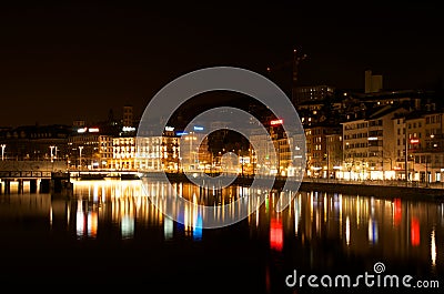 Night scene of Zurich river, in front of Zurich central station Editorial Stock Photo