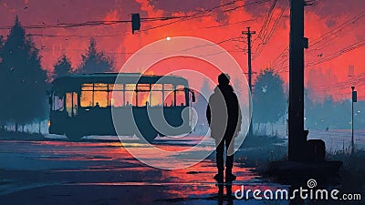 Night scenery of the boy at the bus stop waiting Cartoon Illustration