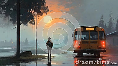 Night scenery of the boy at the bus stop waiting Cartoon Illustration