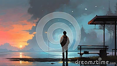 Night scenery of the boy at the bus stop waiting Cartoon Illustration