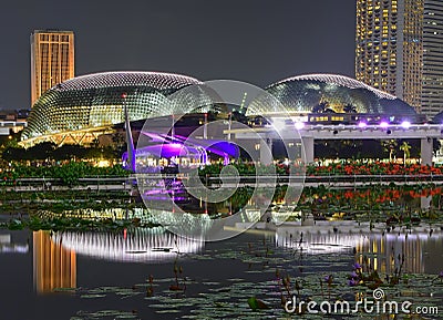 Night scenery of the brightly lit Esplanade Theatres on the Bay at Marina Bay Singapore Stock Photo