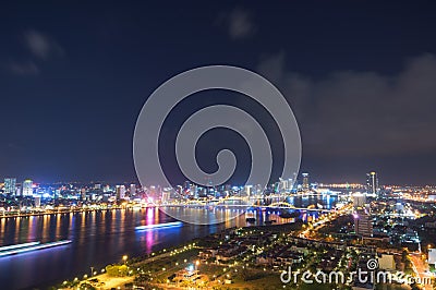 Night scenery of Da Nang city, Vietnam with the magic of light from the bridges, buildings and daydreaming part 2 Editorial Stock Photo