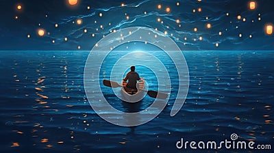 Night scenery of a man rowing a boat among many glowing moons floating on the sea, fantasy journey, surreal concept Stock Photo