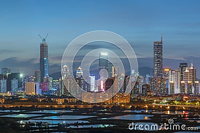 Night scenery of panorama of skyline of Shenzhen city, China. Viewed from Hong Kong border Editorial Stock Photo