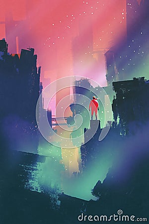 Night scenery with red man standing on abandoned city Cartoon Illustration