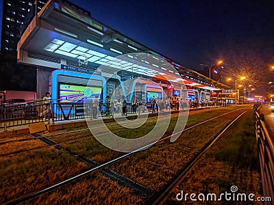 Night scenes of tram station in wuhan city Editorial Stock Photo