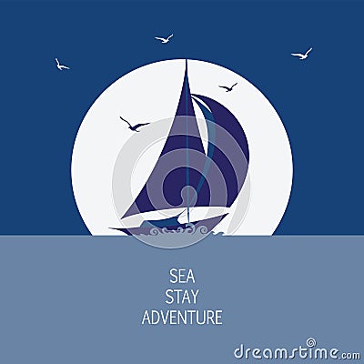 Night, sea, yacht and seagulls. Vector Illustration