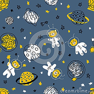 Night seamless pattern with cats astronauts discover universe. Perfect for T-shirt, textile and print. Hand drawn Vector Illustration