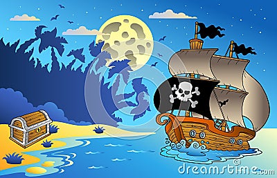 Night seascape with pirate ship 1 Vector Illustration
