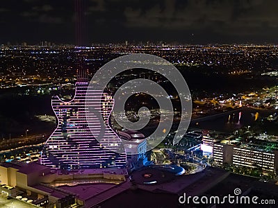 Night at the Seminole Hard Rock Casino guitar shaped resort hotel Stock Photo