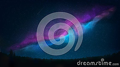 Night shining starry sky. Dark blue space background with stars, pink violet blue nebula, milky way, meteor. Starlight night in Vector Illustration
