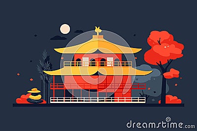 Night shinto shrine - modern colored vector illustration Cartoon Illustration
