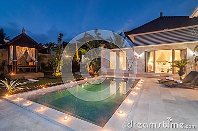 Night shoot Luxury and Private villa with pool outdoor Stock Photo