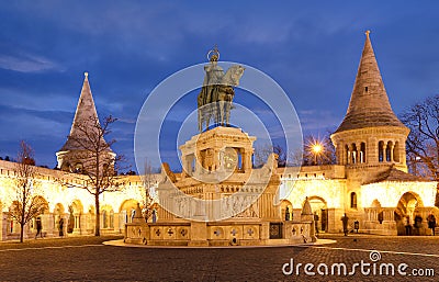 Night shot of Fishermens Bastion in Budapest, Hungary Stock Photo