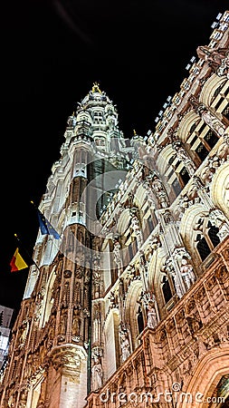Night shot of illuminated facade of Brussels Town Hall on the Grand Place or Square or Grote Markt or Grand Market that is the Editorial Stock Photo