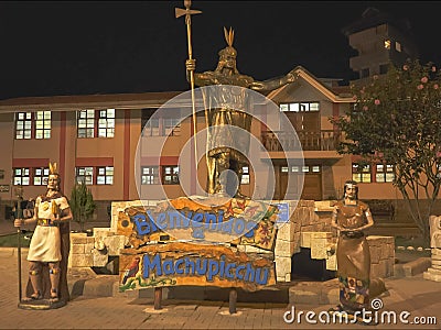 Night shot of the pachacuti statue in aguas calientes Editorial Stock Photo