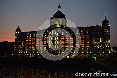 Night shot of taj mahal palace 5 star luxury hotel & the iconic sea-facing landmark in Colaba, South Mumbai Stock Photo