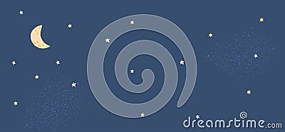 Night sky background banner, moon and stars. Cartoon childish illustration, deep blue backdrop. Simple vector graphic. Vector Illustration