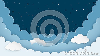 Night sky background with clouds and stars. Dark night cloudscape backdrop with copy-space. Cartoon paper art style. Vector Vector Illustration