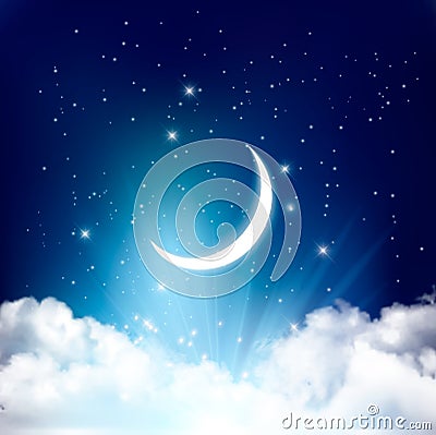 Night sky background with with crescent moon, clouds Vector Illustration