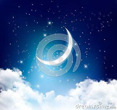 Night sky background with with crescent moon, clouds and stars. Vector Illustration