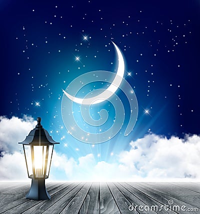 Night Sky Background With Crescent Moon And Ramadan Lamp Vector Illustration