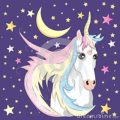 Night sky composition with Unicorn Roses stars and moon crescent isolated on whte background. Festive background or greeting card Stock Photo