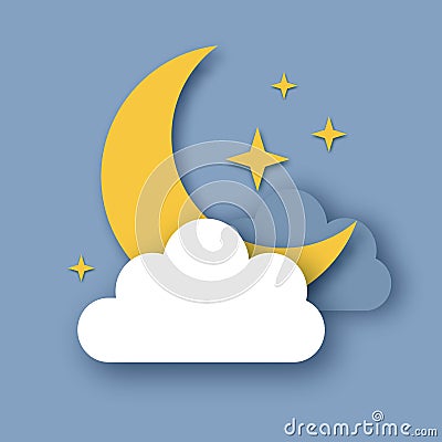 Night sky with crescent moon. Cloudy sky. Stars. Paper cut Weather. Vector Illustration