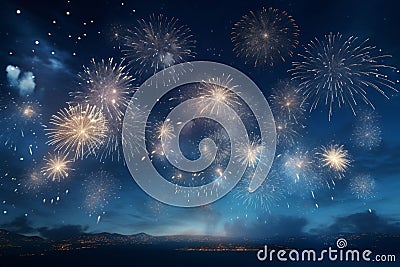 Night sky filled with sparkling fireworks Stock Photo