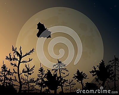 The night sky with glow and moon. A bat flies over the forest. Vector Illustration