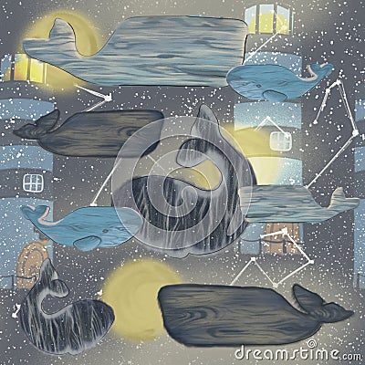 Night sky pattern with fairy motives. Driftwood whales, constellations, and lighthouses. Stock Photo