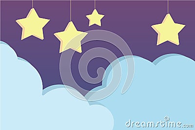 Night sky scene with cute purple cartoon style vector background with hanging three dimensional stars and light blue clouds, illus Vector Illustration