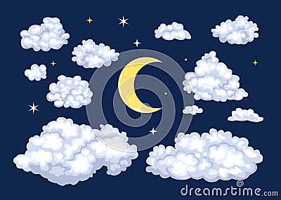 Night sky set. Clouds of different shapes and moon. Cartoon Illustration