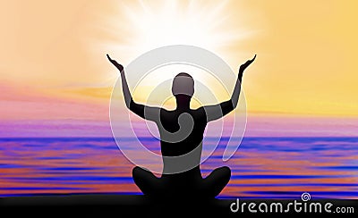 Night sky and silhouette of a human practicing yoga. Stock Photo