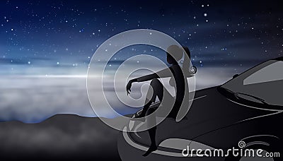 Night sky with stars girl silhouette on a car hood dreaming Vector Illustration