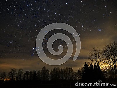 Night sky stars, Orion and Taurus constellation Pleiades Mars Stock Photo