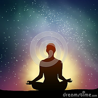Night sky with stars and silhouette of a human practicing yoga. Stock Photo
