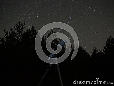 Night sky stars and Pleiades strar cluster observing Stock Photo