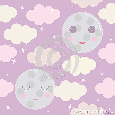 Night sky vector pattern. Cute smiling moon, stars, clouds background Vector Illustration