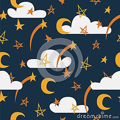 Night sky vector seamless pattern with stars, clouds and moon Vector Illustration