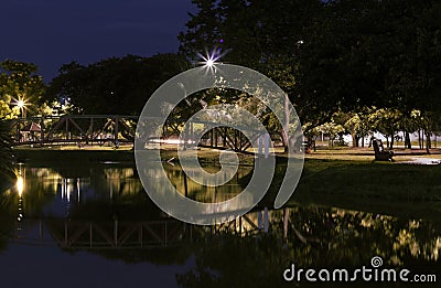 Night Small Lake Landscape in small town Stock Photo