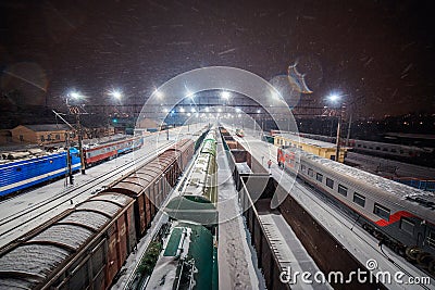 Beautiful railroad at night in winter Stock Photo