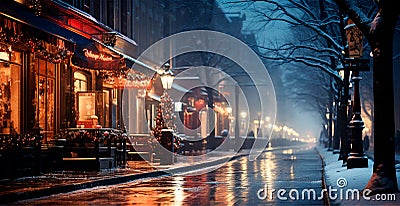 Night snowy Christmas American city Boston, New Year holiday, blurred background - AI generated image Stock Photo