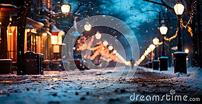 Night snowy Christmas American city Detroit, New Year holiday, blurred background - AI generated image Stock Photo