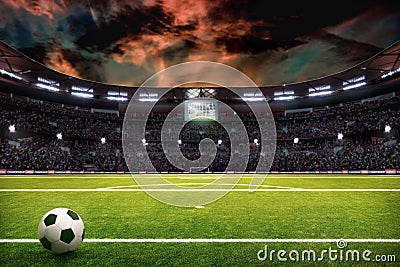 Night soccer field with lights and spectors panorama 3d rendering Stock Photo