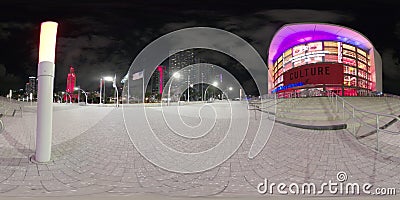 Night 360 spherical equirectangular photo of the American Airlines Arena Downtown Miami Editorial Stock Photo