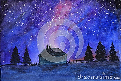 Night starry sky, people on the roof and trees. Cartoon Illustration