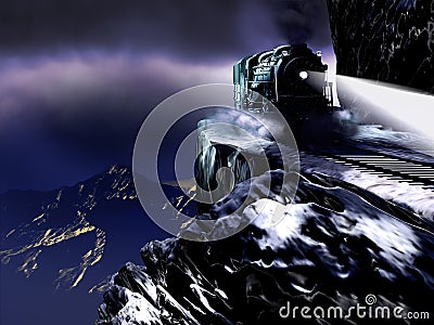 Night Steam Train over the Abyss Stock Photo