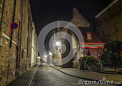 Night street of Bruges, Belgium Stock Photo